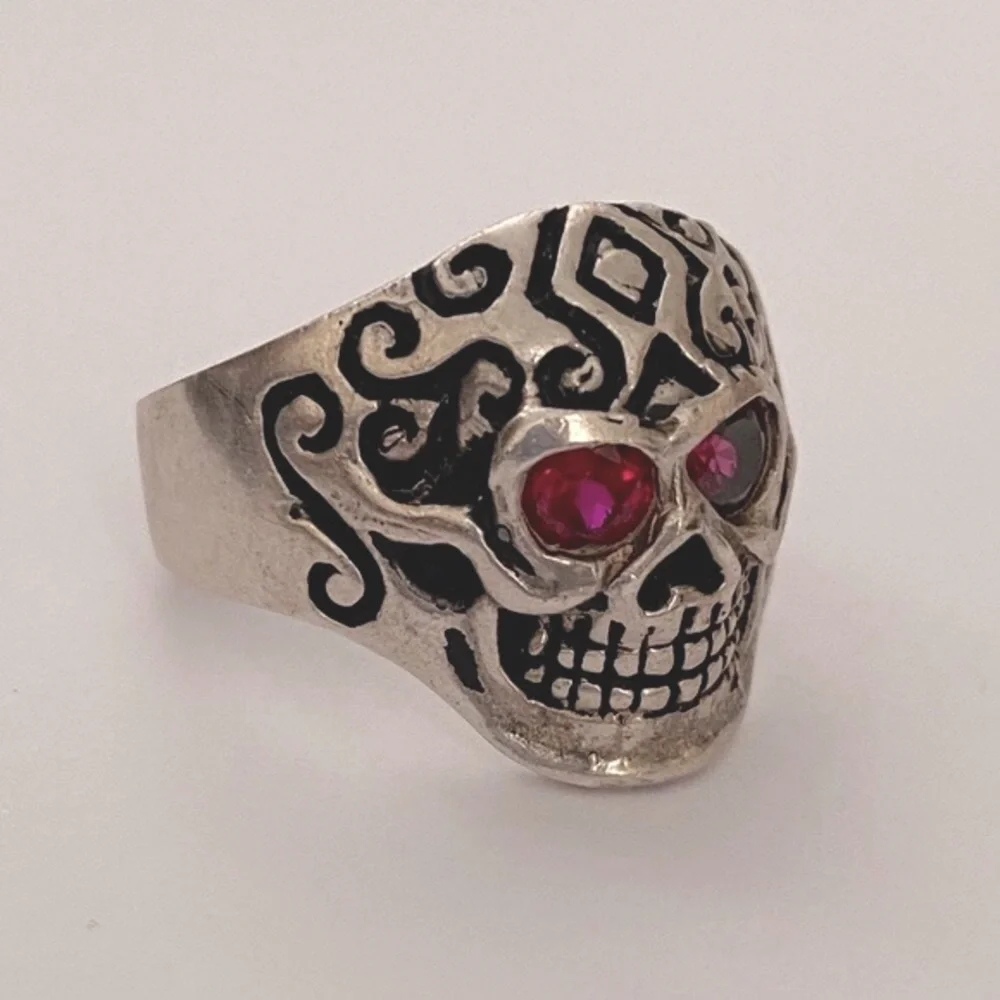 925 sterling silver biker skull ring red cz stone